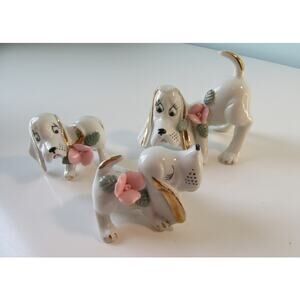 Vintage Chase Hand Painted Japan 3 Ceramic Hound Dogs Gold Trim Pink Flowers